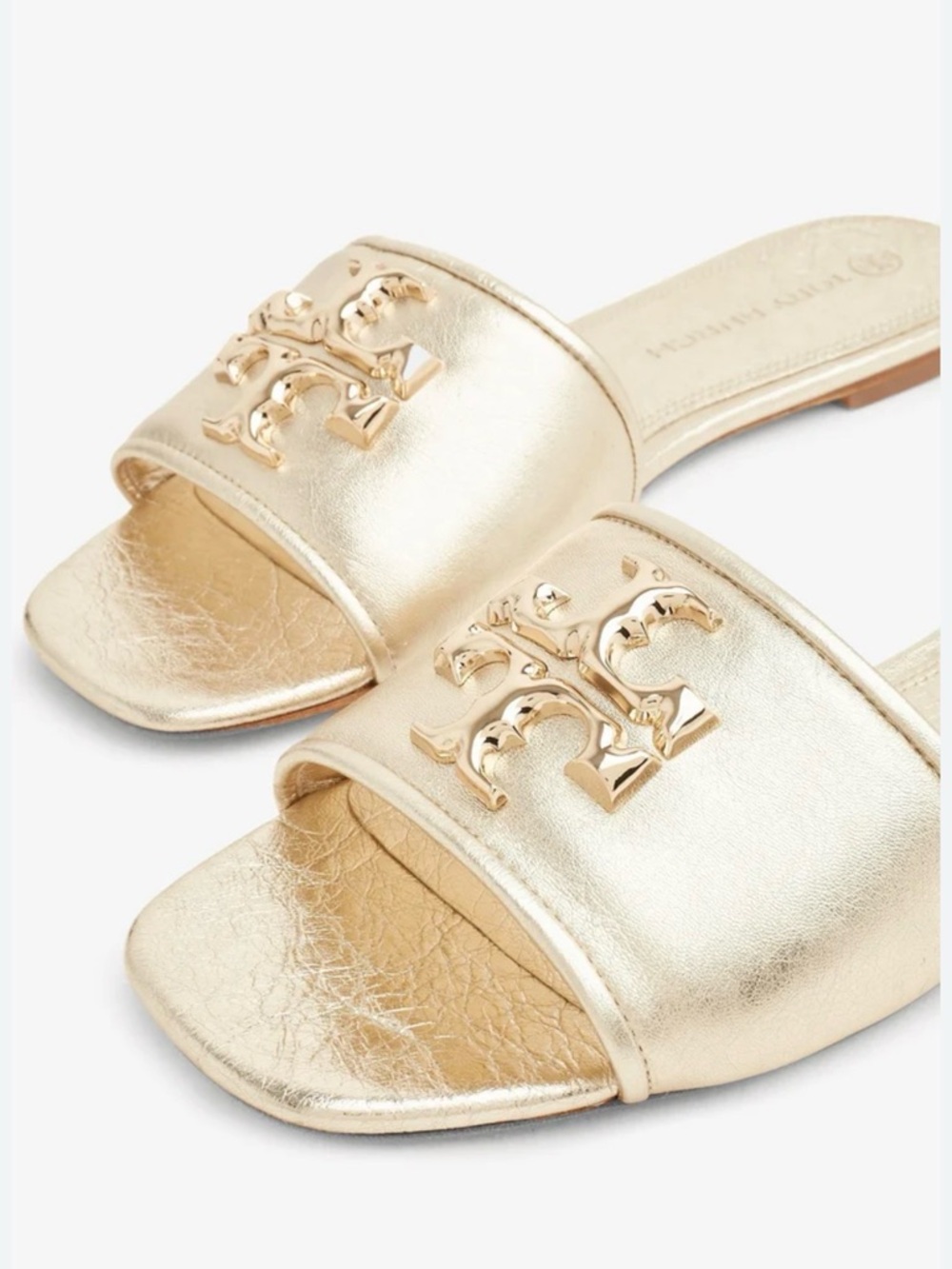 Tory Burch Eleanor Gold Spark Slide Sandals w/ Gold-tone Logo 8M